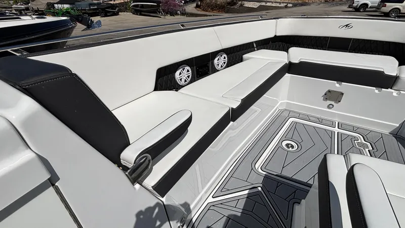 Slide: The Image of 2023 Monterey 385SS boat interior with sleek seating and modern design. - 17