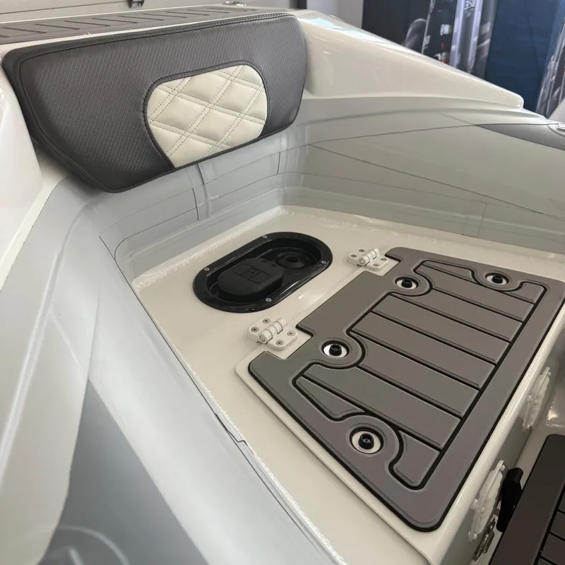Slide: The Image of 2025 Highfield Sport 330 boat detail with chrome cleat, white hull, and sleek design. - 4