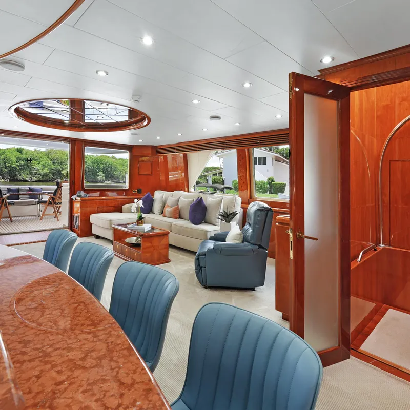 Slide: The Image of Luxurious interior of 2003 Hargrave Sky Lounge yacht with elegant seating and wood finishes. - 28