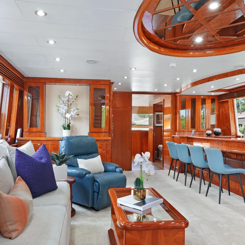 Slide: The Image of Luxurious interior of 2003 Hargrave Sky Lounge yacht with elegant seating and wooden finishes. - 29