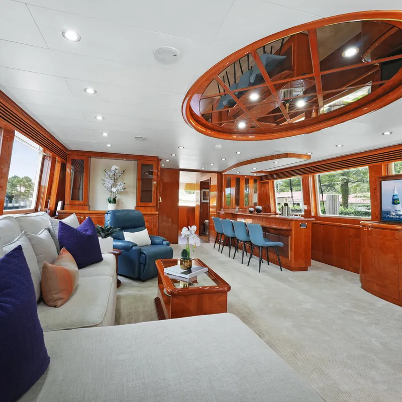 Slide: The Image of Luxurious interior of 2003 Hargrave Sky Lounge yacht with elegant seating and wooden accents. - 30
