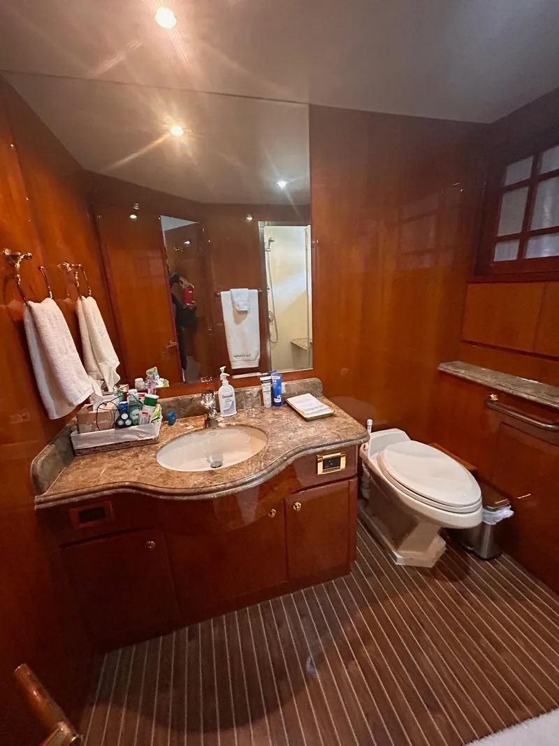 Slide: The Image of Luxurious bathroom in 2003 Hargrave Sky Lounge yacht with wood paneling and modern amenities. - 37