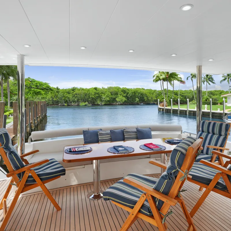 Slide: The Image of Luxurious 2003 Hargrave Sky Lounge yacht deck with elegant seating and scenic waterfront view. - 5