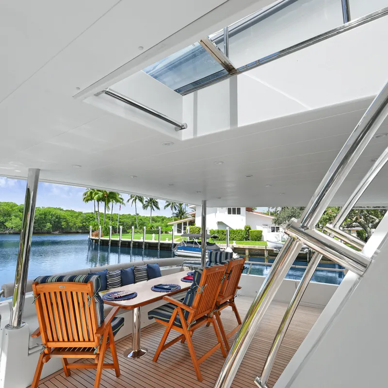 Slide: The Image of Luxurious 2003 Hargrave Sky Lounge yacht with elegant outdoor dining area and waterfront view. - 6