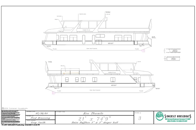 Slide: The Image of Blueprint of a 2000 Sumerset Houseboat, model 21' x 75', detailed side views. - 20