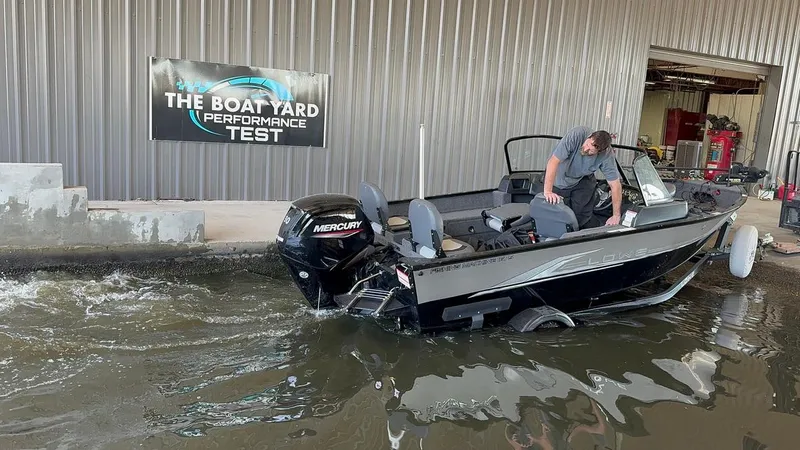Slide: The Image of 2022 Lowe Fishing Machine 1675 WT undergoing performance test at The Boat Yard. - 20
