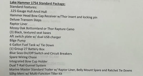 Slide: The Image of 2023 Thor Lake Hammer 1754 Elite Package features list with specifications and accessories. - 7