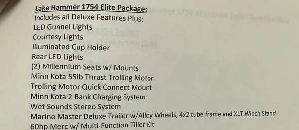 Slide: The Image of 2023 Thor Lake Hammer 1754 Elite Package features list with lighting, seating, and motor details. - 8