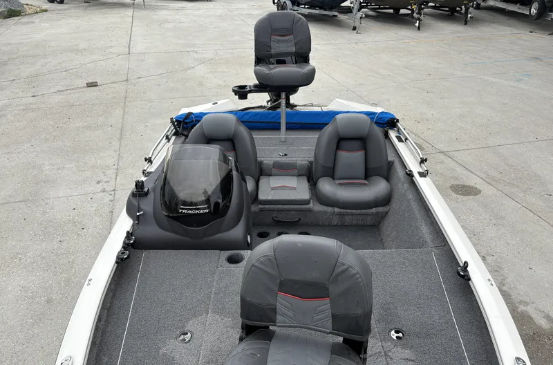 Slide: The Image of 2021 Tracker Pro Team 175 Tournament boat with gray seating and carpeted deck. - 4