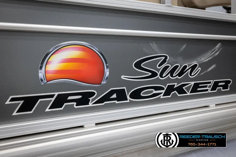 Slide: The Image of 2016 Sun Tracker 24 Party Barge logo with vibrant design and dealership contact information. - 48