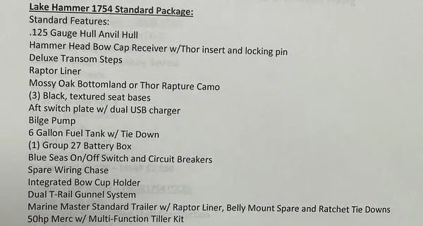 Slide: The Image of 2023 Thor Lake Hammer 1754 Deluxe Package features list with specifications and accessories. - 8