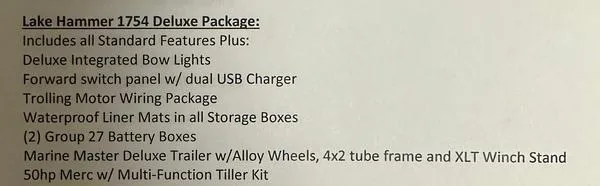Slide: The Image of 2023 Thor Lake Hammer 1754 Deluxe Package features and specifications list. - 9