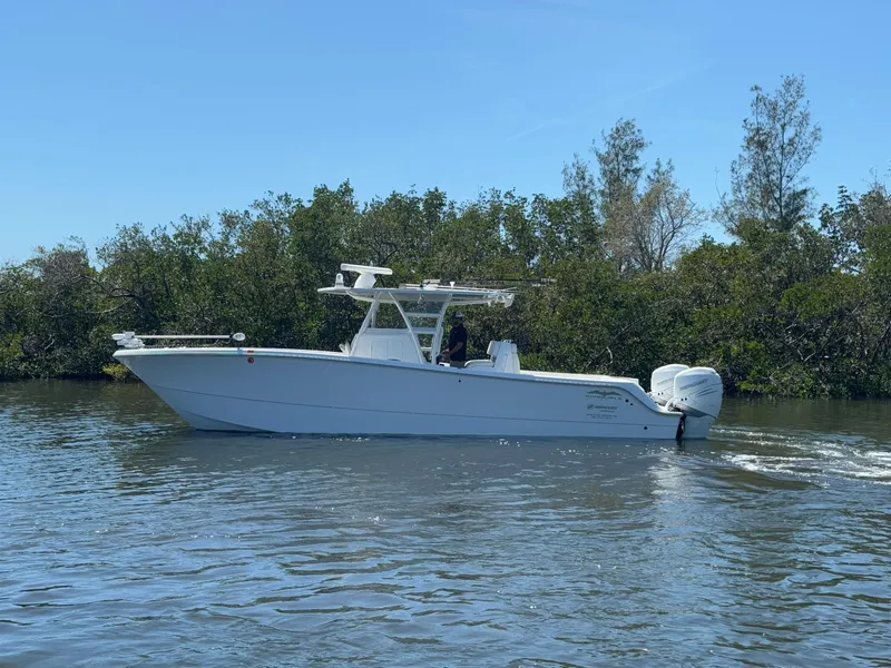 Slide: The Image of 2022 Invincible 33 Catamaran cruising on a calm waterway, surrounded by lush greenery. - 4