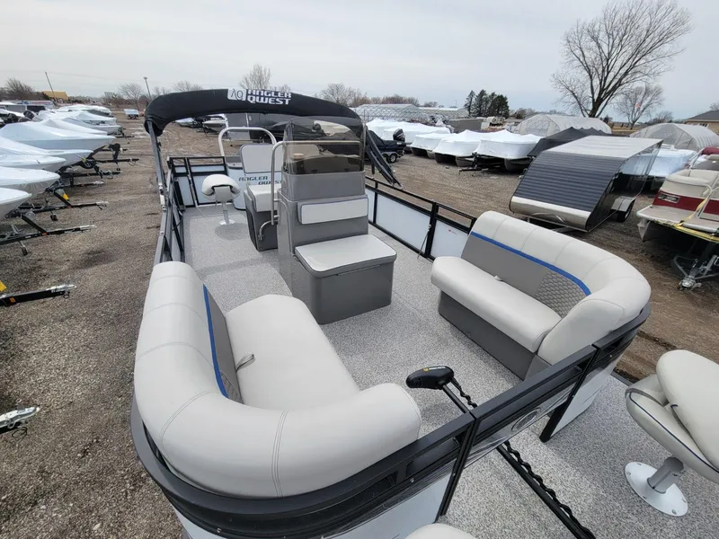 Slide: The Image of 2023 Angler Qwest 2285 Fish N Cruise pontoon boat with spacious seating and modern design. - 12
