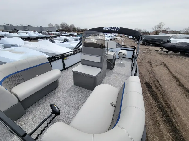 Slide: The Image of 2023 Angler Qwest 2285 Fish N Cruise pontoon boat with spacious seating and modern design. - 13
