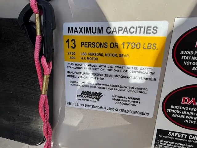 Slide: The Image of 2018 Harris Crowne SL 250 capacity label: 13 persons or 1790 lbs, 2750 lbs total, 400 HP motor. - 31