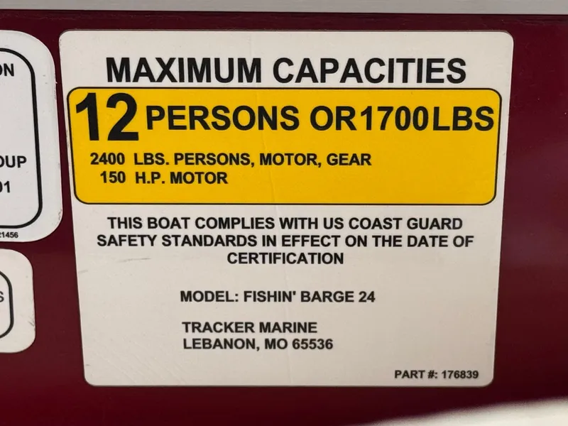 Slide: The Image of 2019 Sun Tracker Fishin' Barge 24 DLX capacity label: 12 persons or 1700 lbs, 150 HP motor. - 32