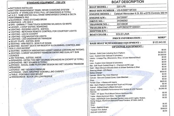 Slide: The Image of 2023 Crownline 220 SS LPX boat specifications and pricing details sheet. - 12
