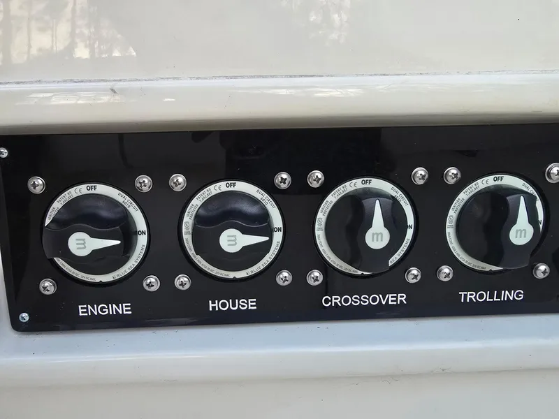 Slide: The Image of Control panel of 2021 Sea Born LX22 Center Console with engine, house, crossover, trolling switches. - 16