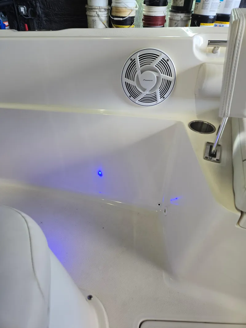 Slide: The Image of 2021 Sea Born LX22 Center Console interior with speaker and blue LED lights. - 39