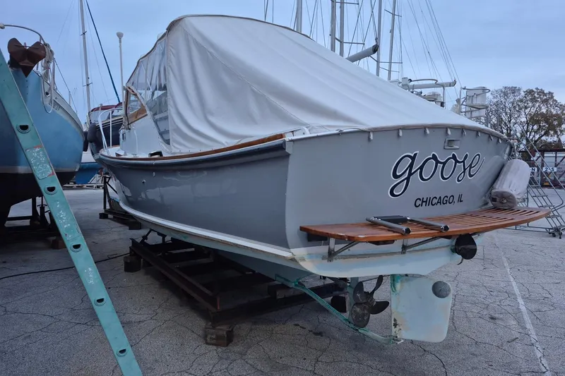 Slide: The Image of 1986 Dyer 29 Trunk Cabin boat named "Goose" in dry dock, Chicago, IL. - 34