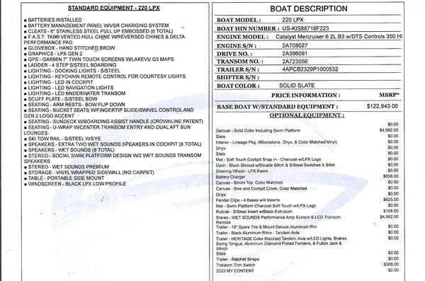 Slide: The Image of Crownline 220 SS LPX 2023 boat specifications and pricing details sheet. - 13