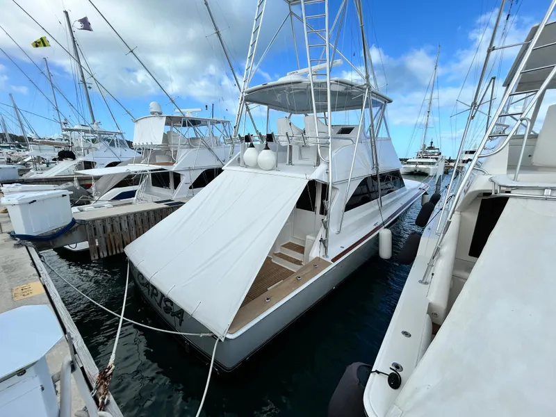 Slide: The Image of 2001 Viking 55 Convertible yacht docked at marina under blue sky. - 31