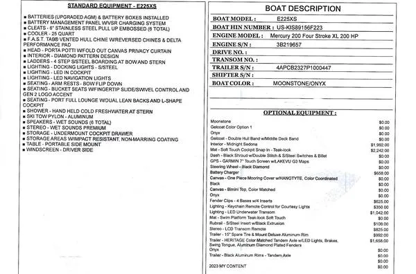 Slide: The Image of 2023 Crownline E225 XS boat specifications and optional equipment list. - 12