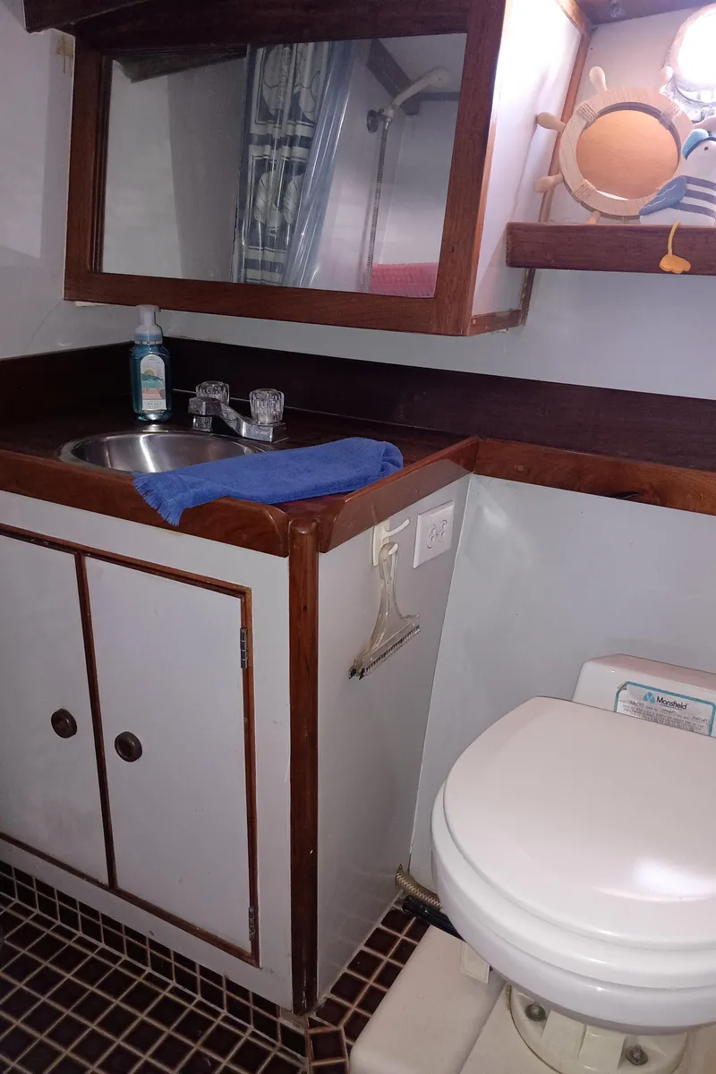 Slide: The Image of 1978 Pacific Bluefin SPF boat bathroom with sink, mirror, and toilet. - 22
