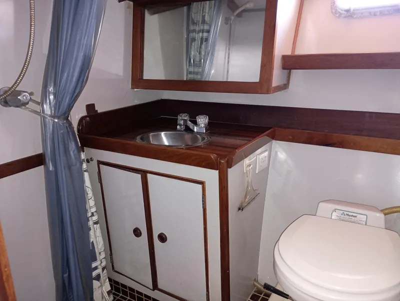 Slide: The Image of 1978 Pacific Bluefin SPF boat bathroom with sink, toilet, and shower curtain. - 24