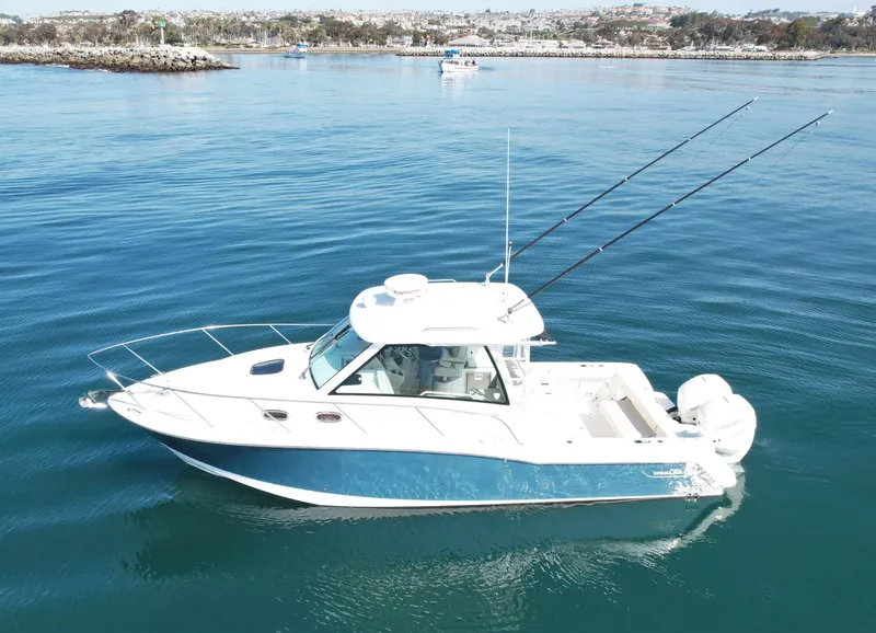 Slide: The Image of 2018 Boston Whaler 315 Conquest boat on calm blue water, equipped with fishing rods. - 4