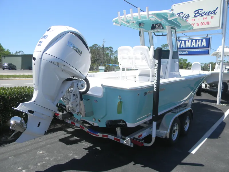 Slide: The Image of 2025 Sportsman Masters 247 Bay Boat with Yamaha engine on trailer. - 28
