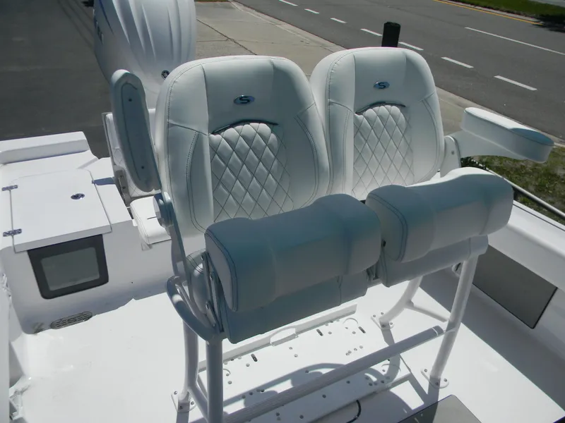 Slide: The Image of 2025 Sportsman Masters 247 Bay Boat with dual cushioned seats and diamond stitching. - 32