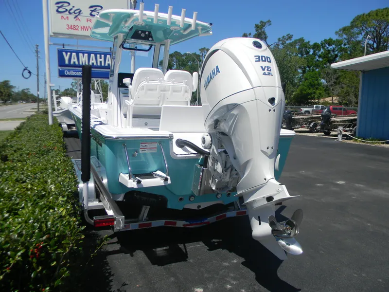 Slide: The Image of 2025 Sportsman Masters 247 Bay Boat with Yamaha 300 V6 engine on trailer. - 36