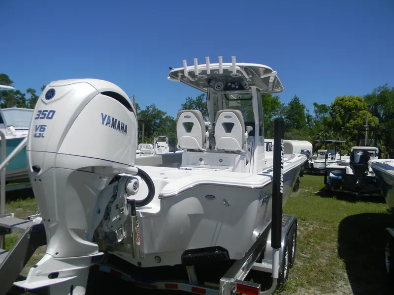 Slide: The Image of 2025 Sportsman Masters 267 Bay Boat with Yamaha 350 V6 engine on trailer. - 4