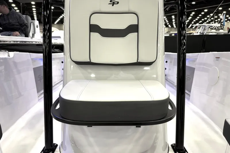 Slide: The Image of 2025 Sea Pro 225FLX Sandbar boat seat with sleek white and black design. - 20