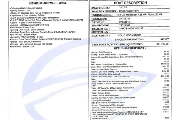 Slide: The Image of 2023 Crownline 200 SS boat specifications and standard equipment list with pricing details. - 8