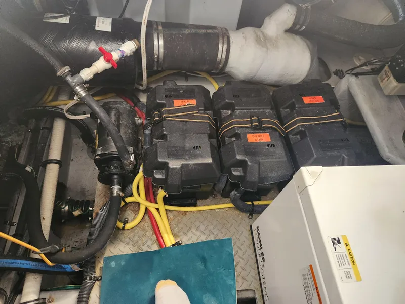 Slide: The Image of Engine room of a 2008 Meridian 341 Sedan with battery boxes and wiring. - 36