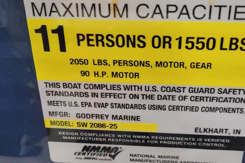 Slide: The Image of Maximum capacity label for 2022 Godfrey Sweetwater SW2086 boat, 11 persons or 1550 lbs. - 8