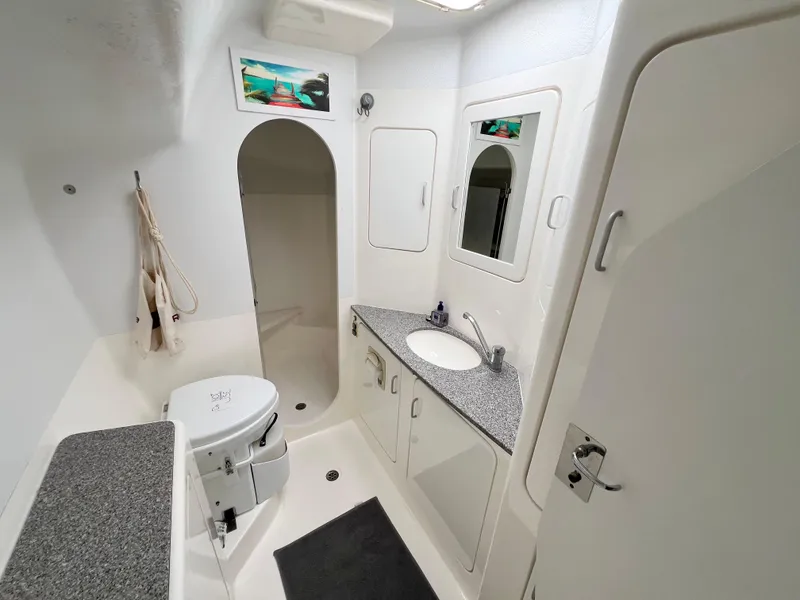 Slide: The Image of Luxurious bathroom in 2010 Voyage Yachts 500, featuring modern fixtures and sleek design. - 42