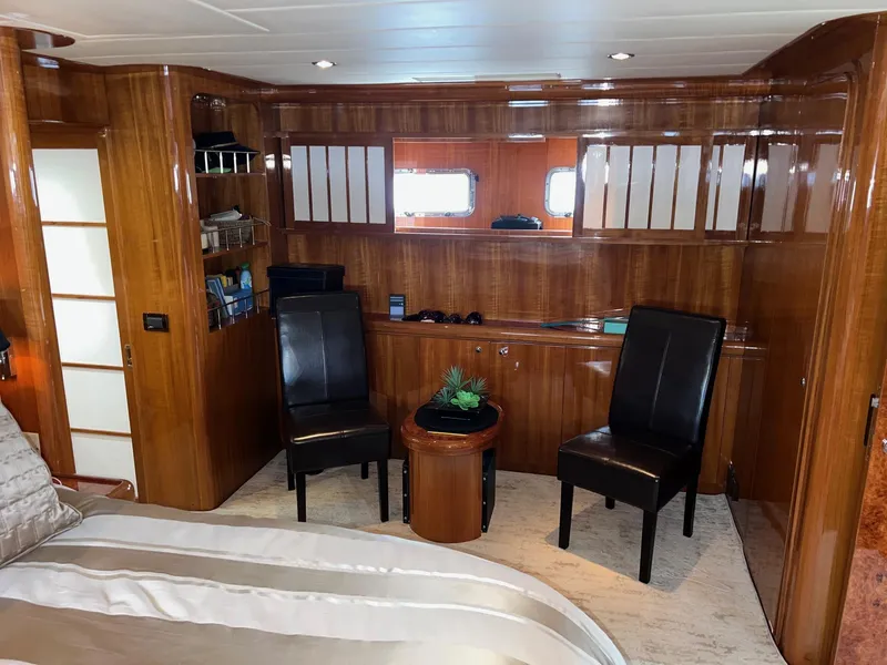 Slide: The Image of Luxurious 2001 Horizon Skylounge yacht interior with elegant wood paneling and modern furnishings. - 42