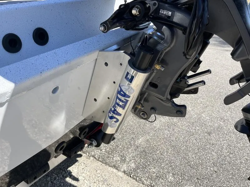 Slide: The Image of Close-up of 2025 Xpress H22B boat motor mount with hydraulic steering system. - 14