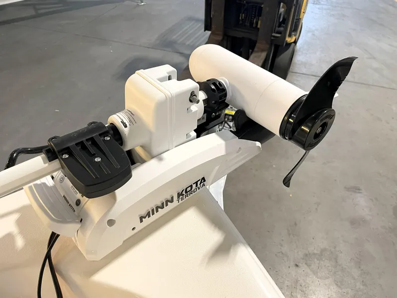 Slide: The Image of Minn Kota trolling motor on 2024 Key West 210 Bay Reef boat, indoor setting. - 17