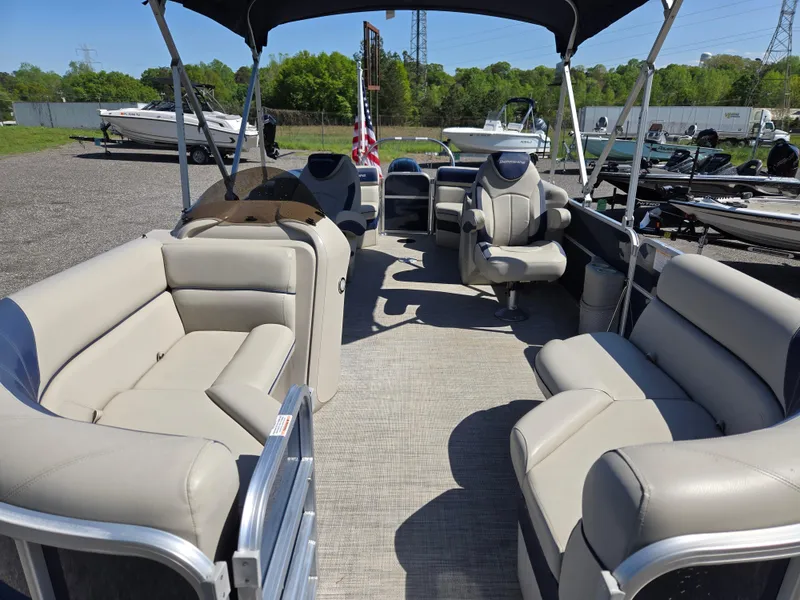 Slide: The Image of 2021 Berkshire 22 RFX LE-Series pontoon boat with spacious seating and canopy. - 19