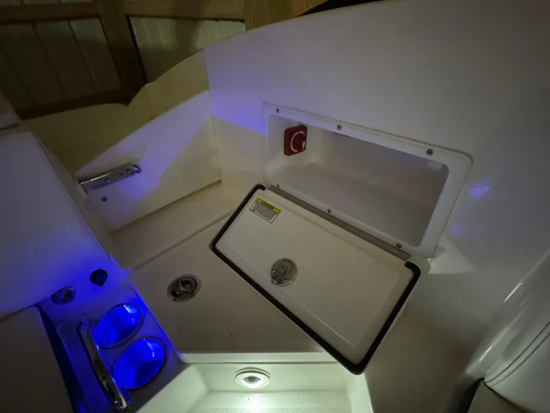 Slide: The Image of 2019 Sea Ray SPX 230 boat interior with storage compartment and blue LED lighting. - 17