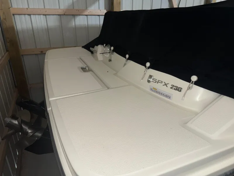 Slide: The Image of 2019 Sea Ray SPX 230 boat in storage, showcasing rear deck and branding. - 20