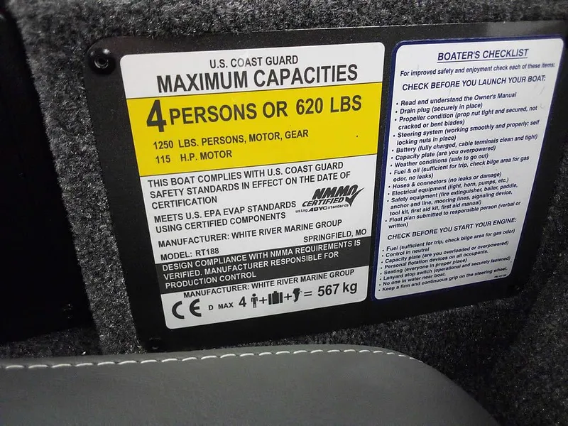 Slide: The Image of 2025 Ranger RT188C boat capacity label: 4 persons or 620 lbs, 115 HP motor limit. - 18