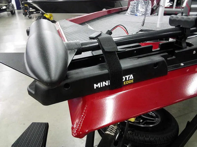 Slide: The Image of 2025 Ranger RT188C boat with Minn Kota Edge trolling motor, red exterior detail. - 4