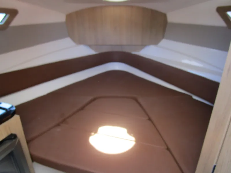 Slide: The Image of Interior cabin of 2025 NX Boats 290 with brown cushions and wood accents. - 12