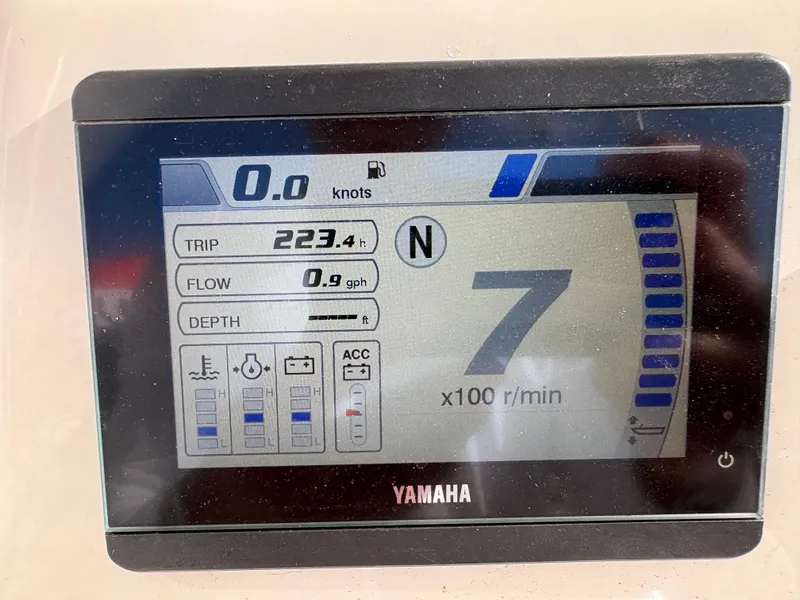 Slide: The Image of Yamaha display on 2023 Cobia 237 CC showing trip, flow, and RPM data. - 12
